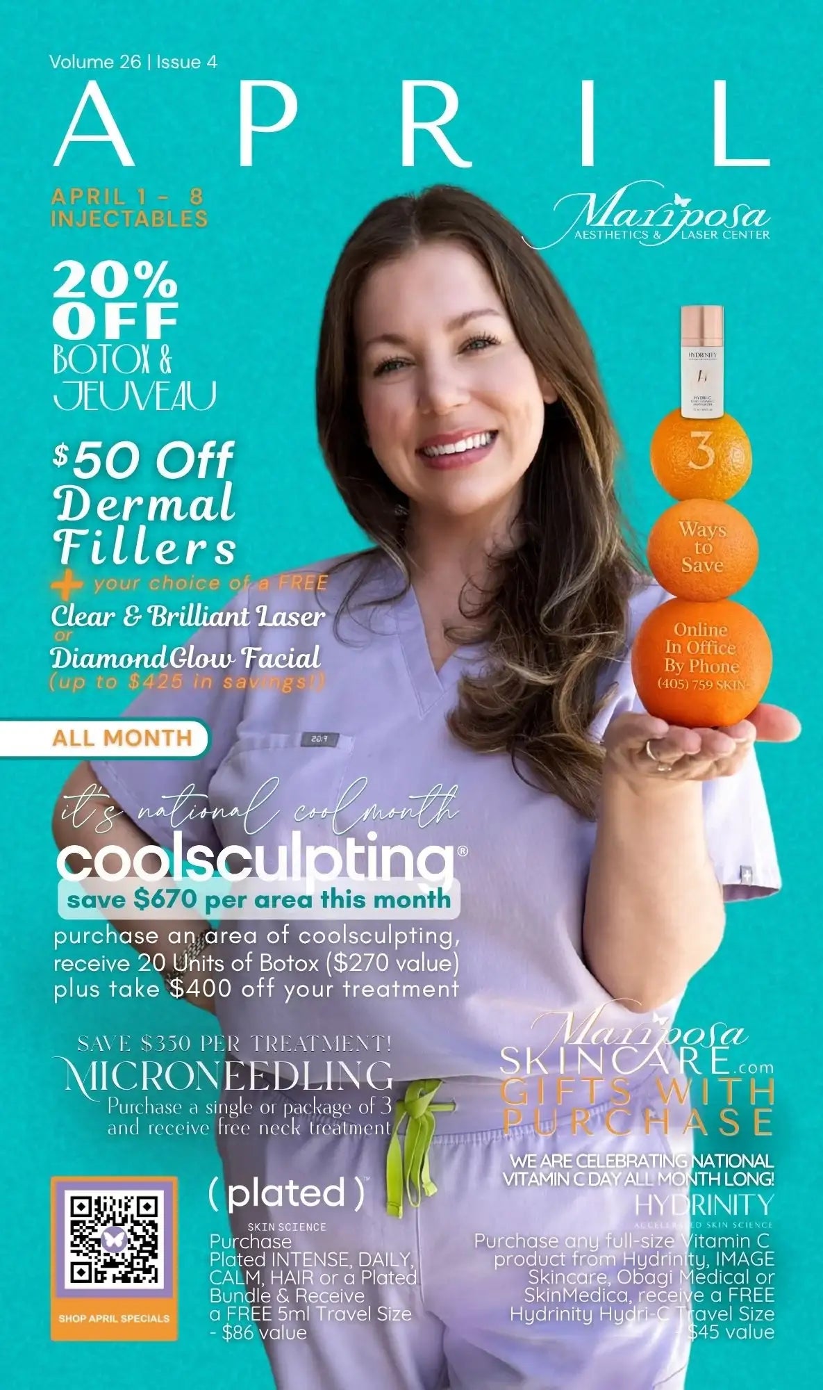 Smiling woman in lavender scrubs holding skincare products with text promoting injectables, fillers, CoolSculpting, and vitamin C skincare specials.