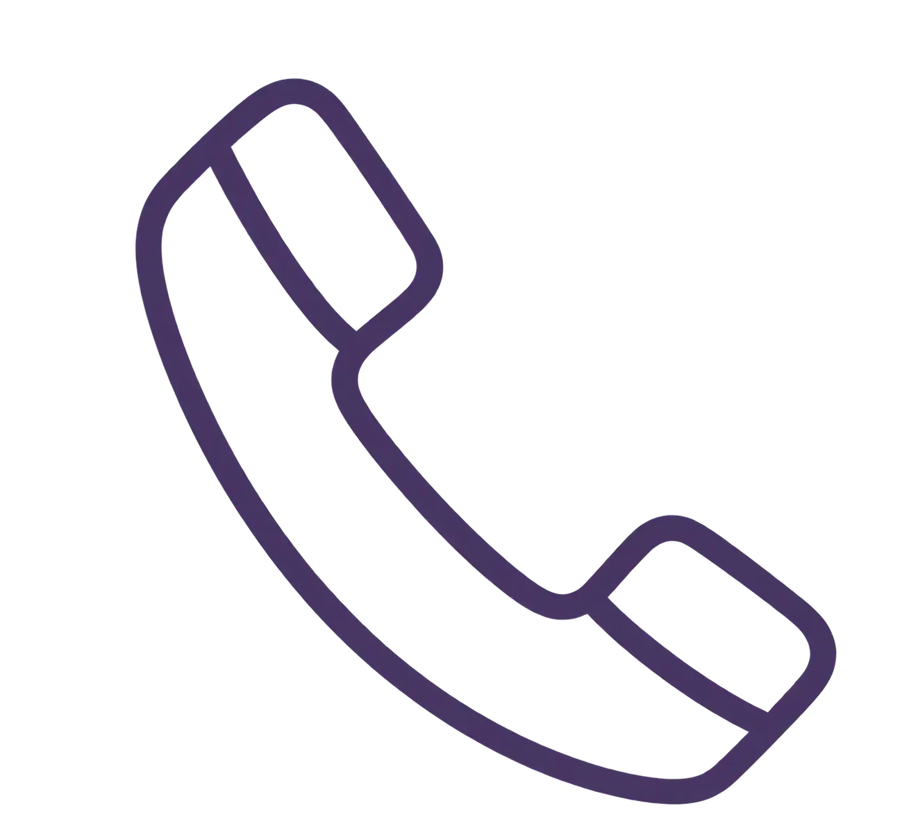 Purple outline icon of a telephone handset on a black background.