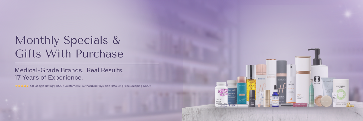 Assorted skincare and wellness products displayed with text highlighting monthly specials and gifts.