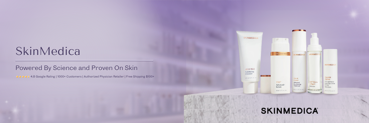 SkinMedica skincare products displayed on marble with a soft purple background.