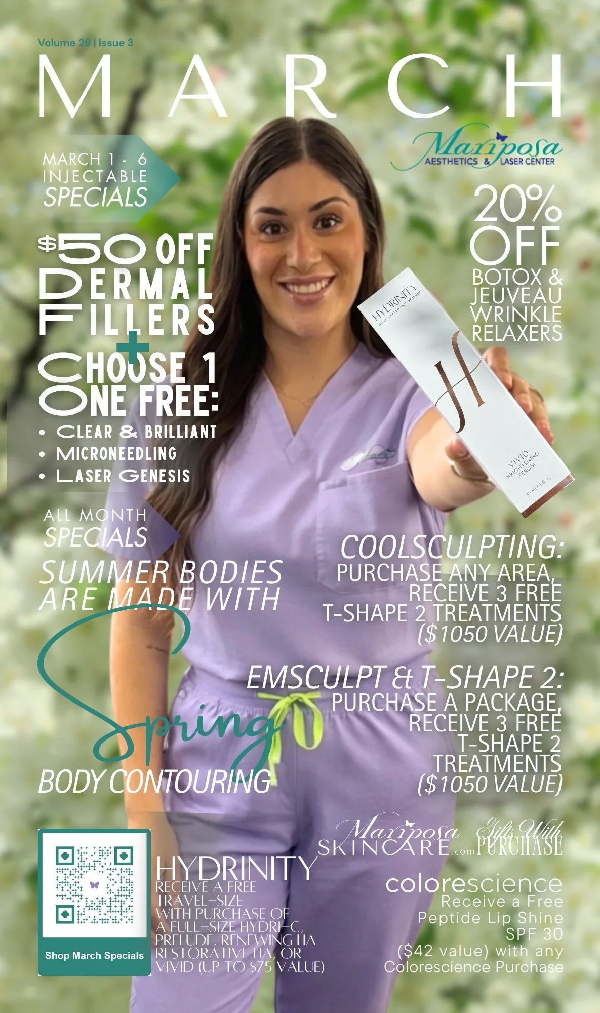 Woman in lavender scrubs holding Hydrinity serum, promoting March aesthetics and skincare specials.