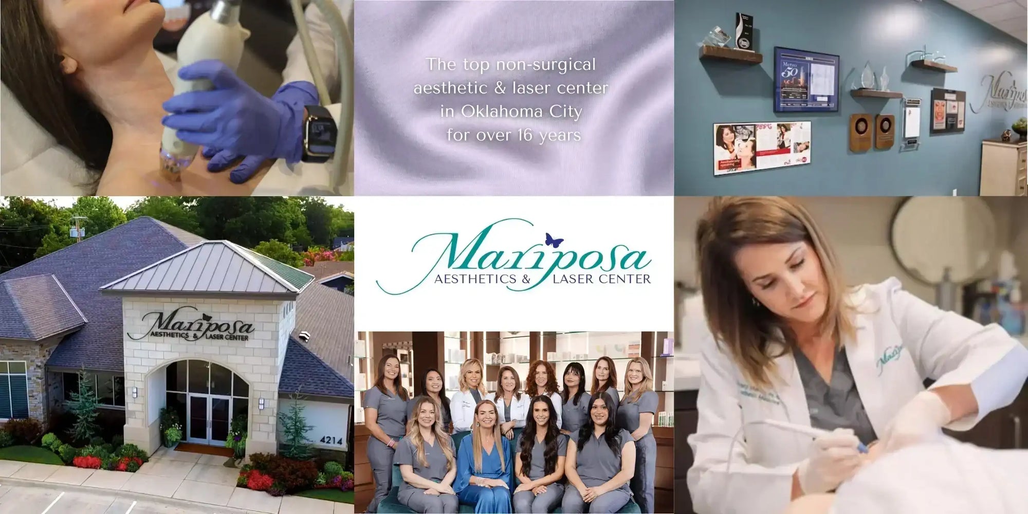 Collage of skincare clinic images, showing facial treatments, staff, building exterior, and awards.