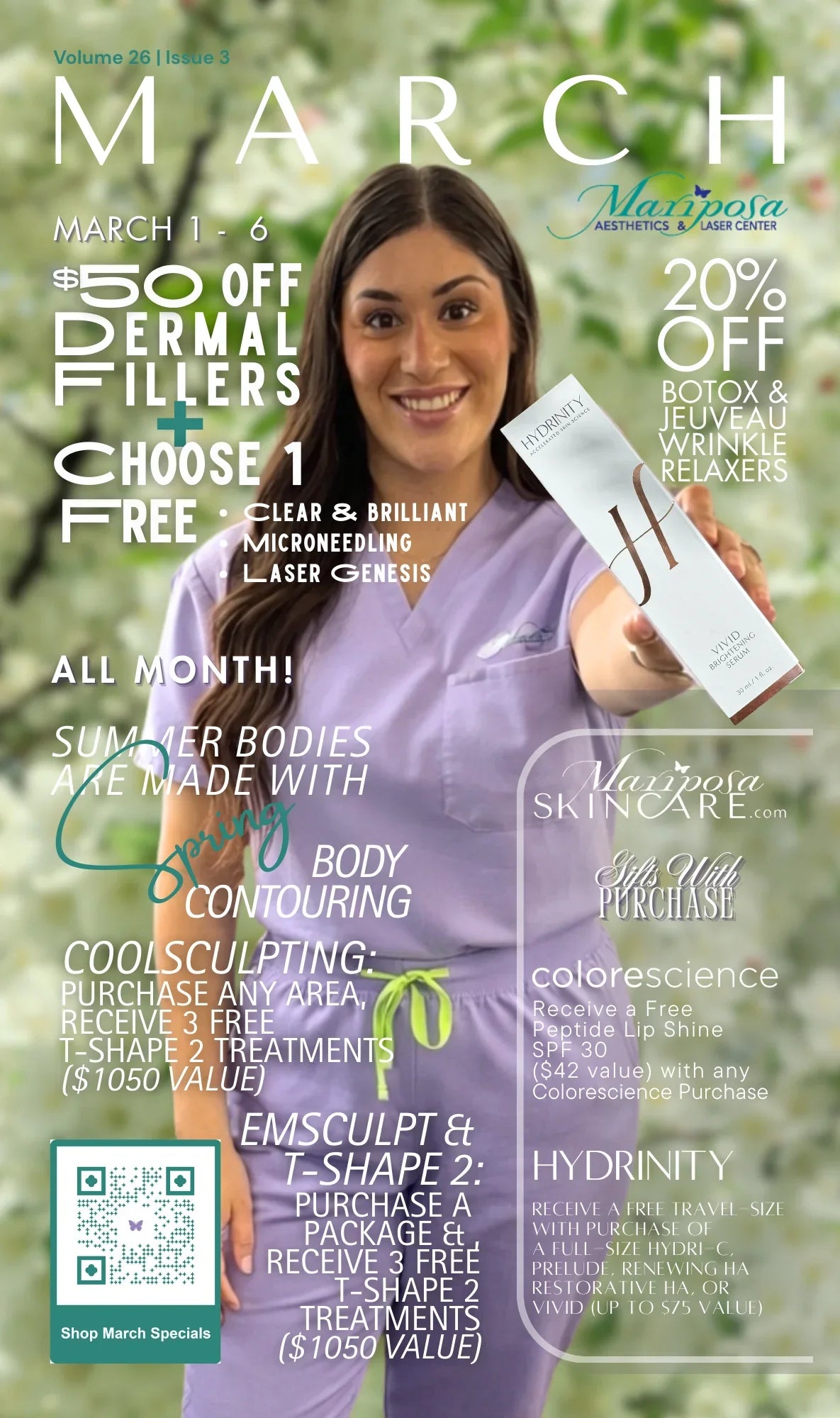 Smiling woman in lavender scrubs holding Hydrinity skincare product, spring skincare specials text overlay, cosmetic treatment offers.