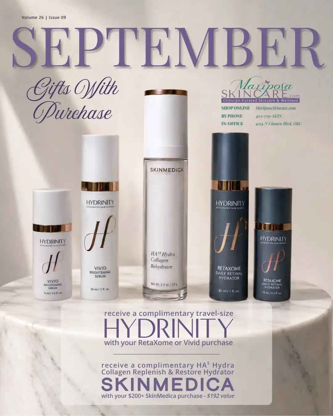 September gifts with purchase featuring Hydrinity and SkinMedica skincare products.
