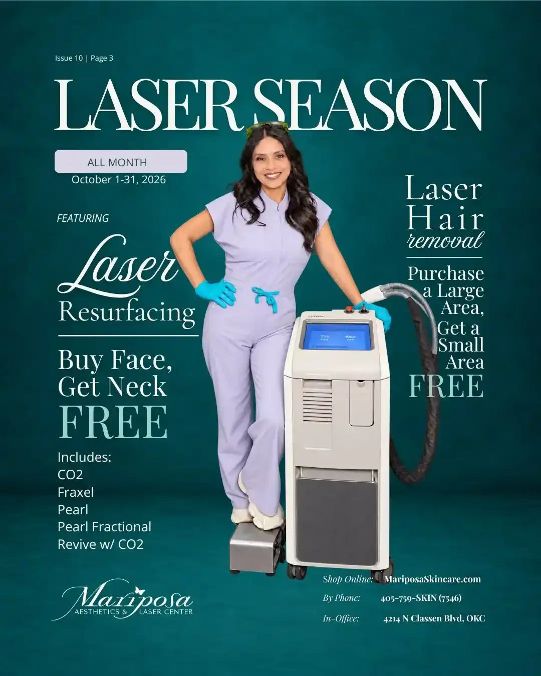 Promotional flyer for Laser Season at Mariposa Aesthetics & Laser Center offering laser hair removal and resurfacing deals.