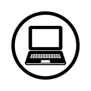 black and white laptop icon inside a circle, technology symbol