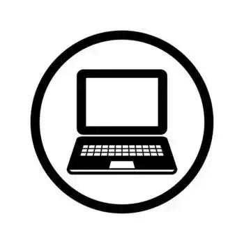 black and white laptop icon in a circle, technology device symbol