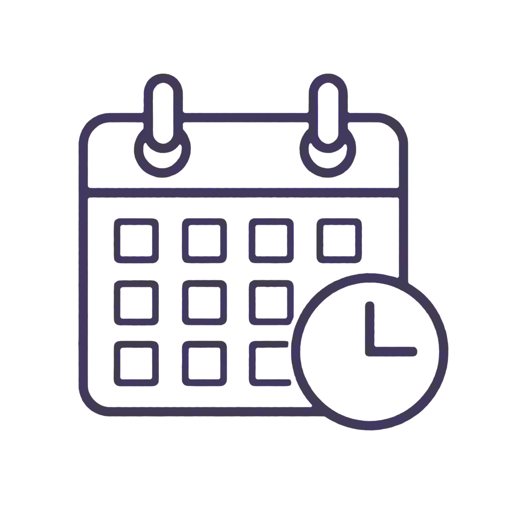 Dark purple outline icon of a calendar with a clock overlay.