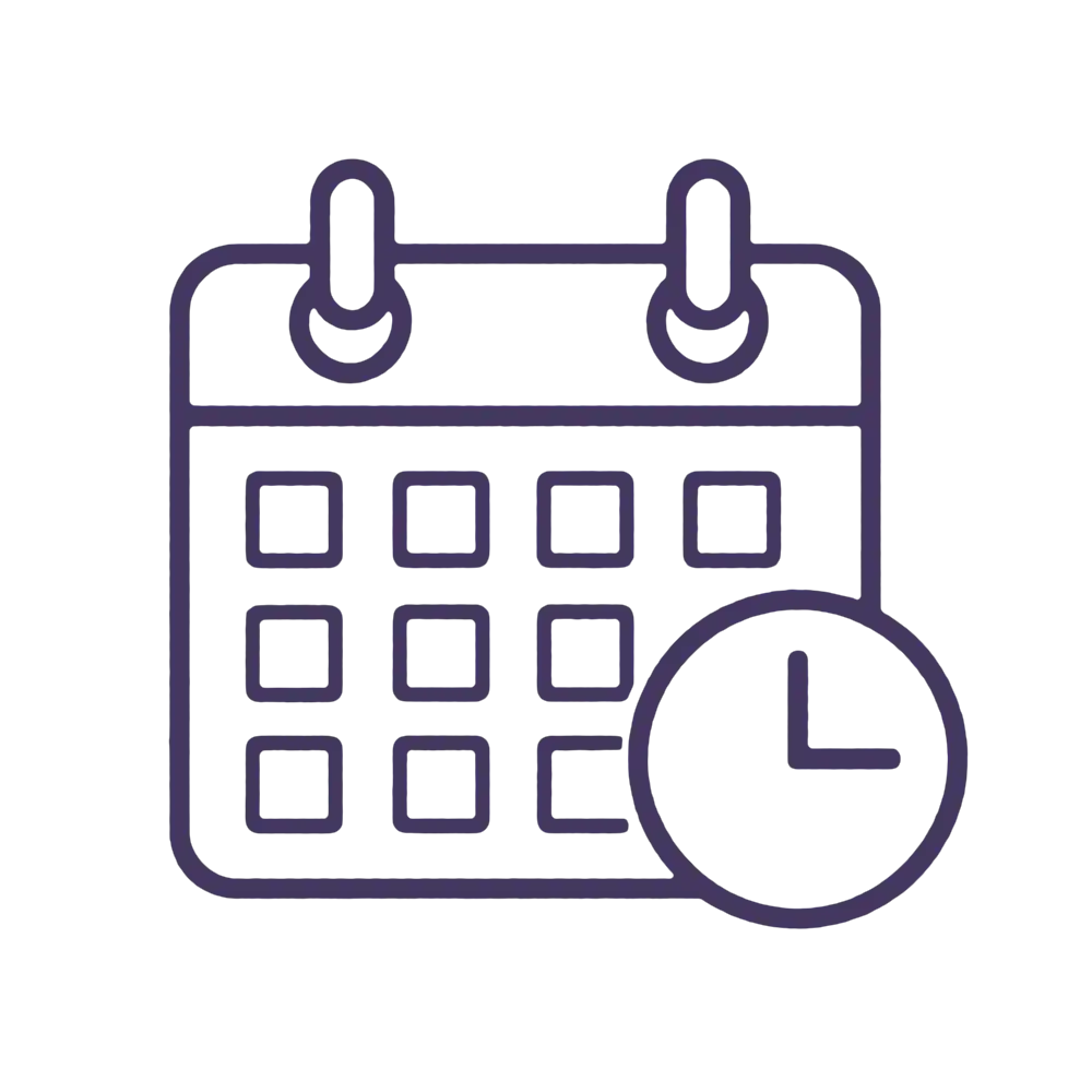 Purple outline icon of a calendar and a clock for appointment scheduling.