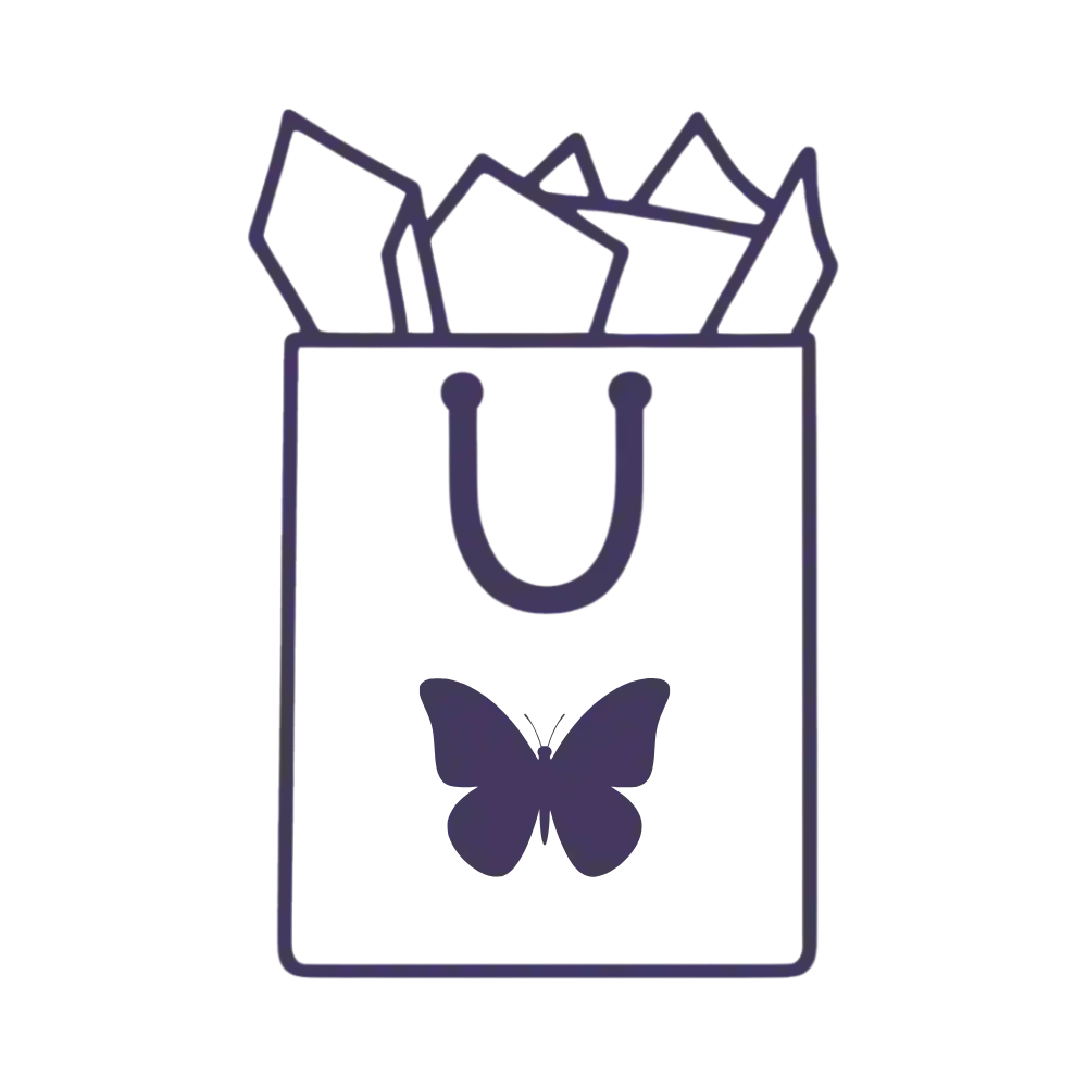 Purple outline icon of a shopping bag with a butterfly logo and items inside