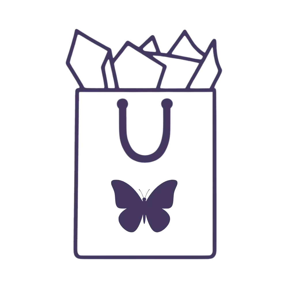 Purple outline icon of a shopping bag with a butterfly logo and items inside