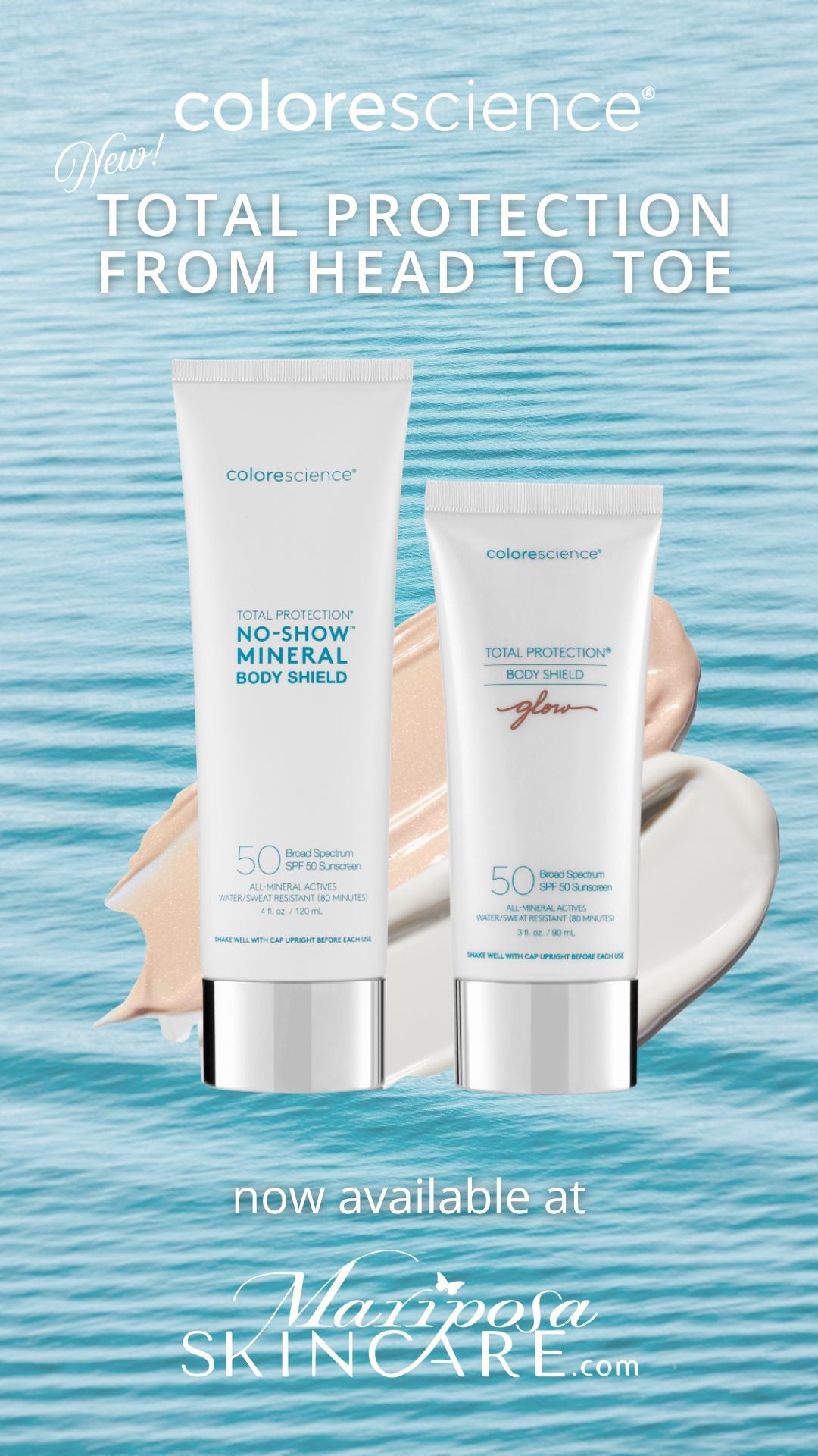Colorescience products displayed on a wooden table outdoors in the Spring with lush green foliage with white flowers in the background.
