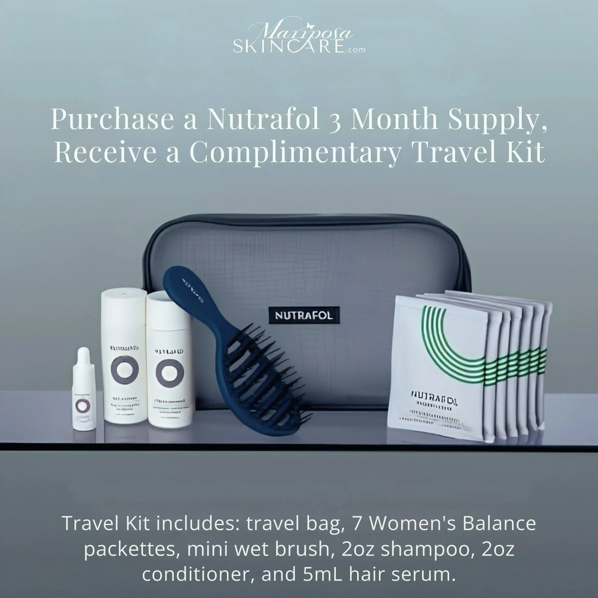 Nutrafol travel kit featuring a hair brush, shampoo, conditioner, serum, and Women's Balance packets.