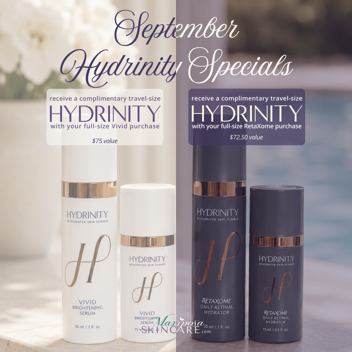 Hydrinity September specials: complimentary travel-size products with Vivid and Retaxome purchases.