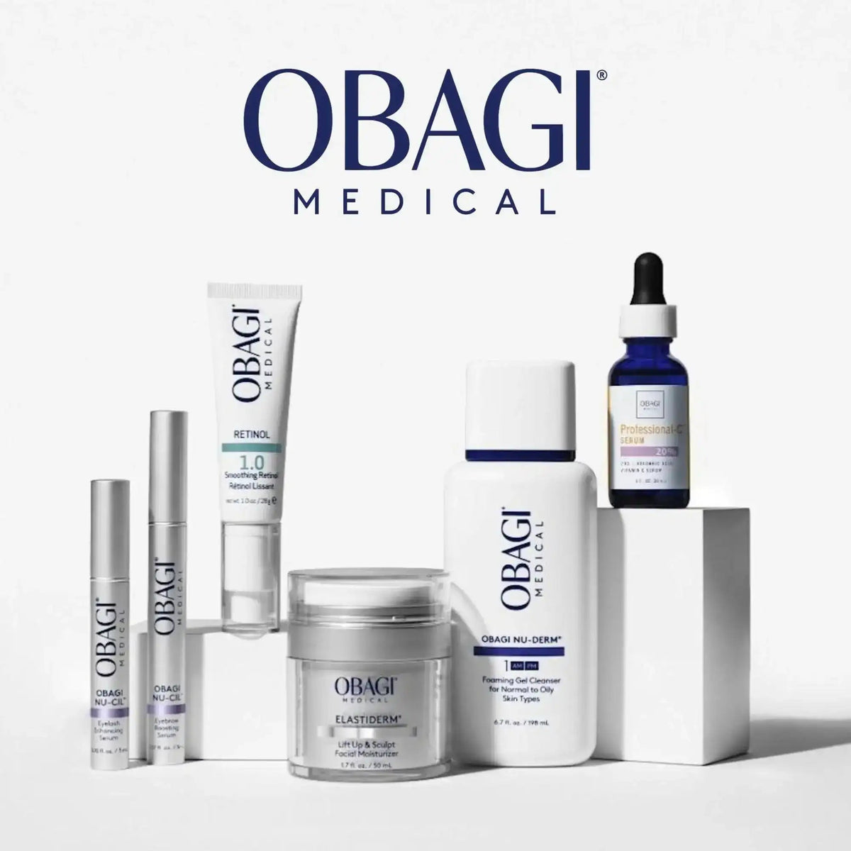 Obagi Medical skincare products including retinol, serum, cleanser, and moisturizer