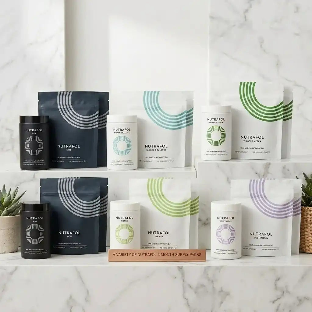 Assorted Nutrafol hair growth supplement packs and bottles for men and women.