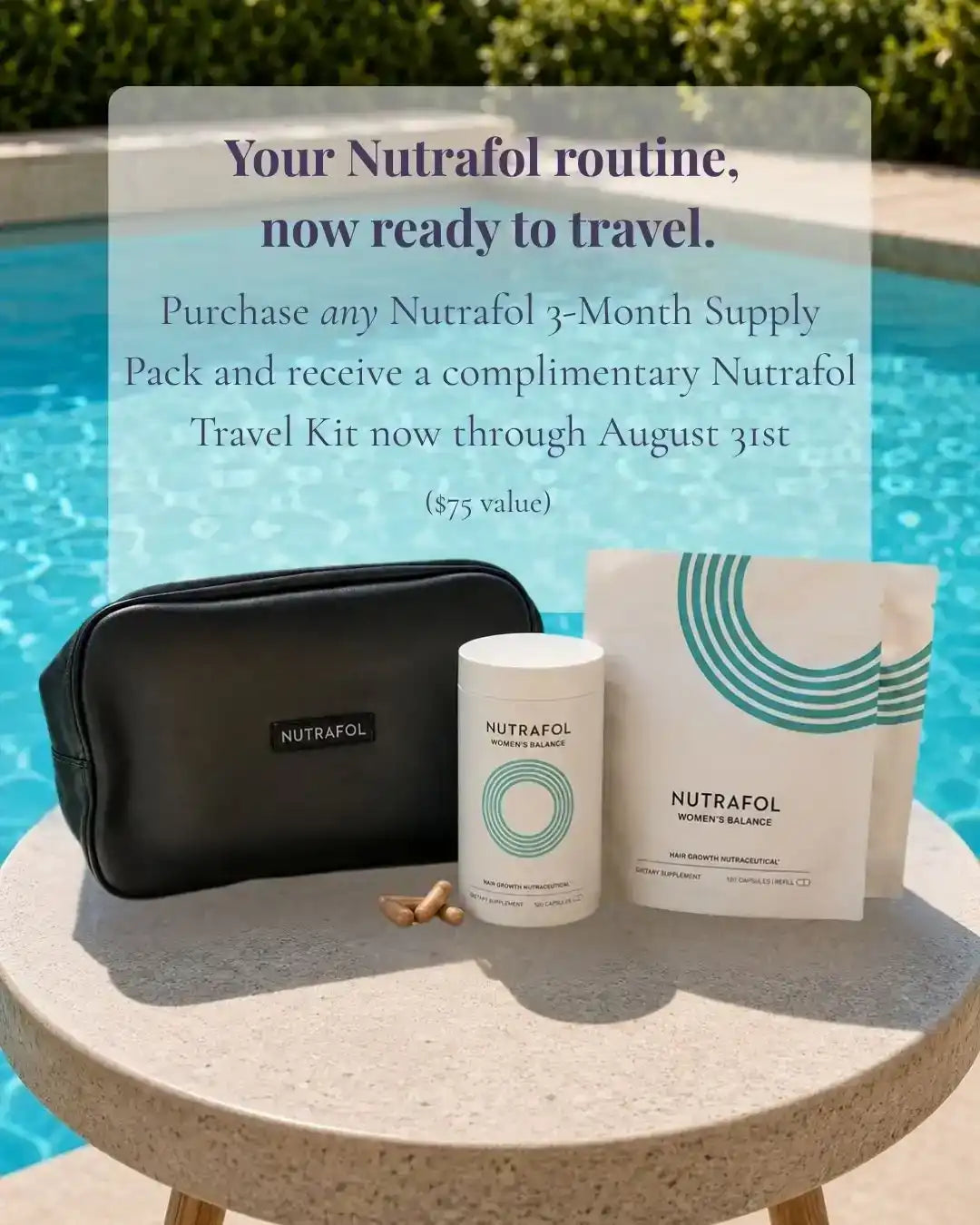 Nutrafol Women's Balance hair growth supplements and travel kit by a pool.