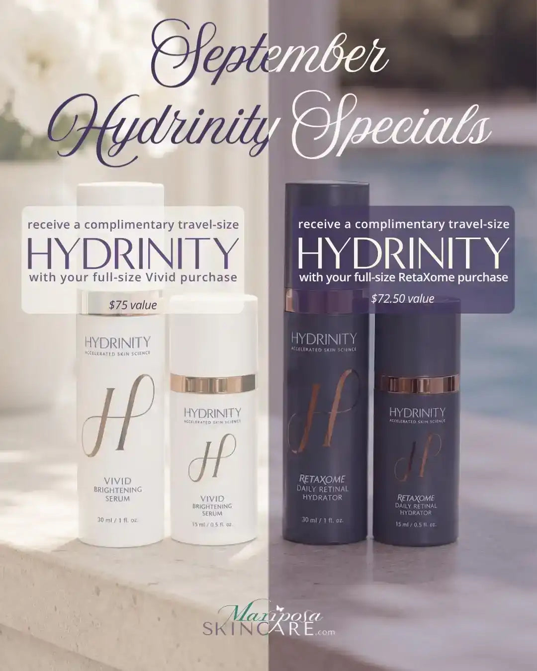 Hydrinity September specials: complimentary travel-size products with Vivid and Retaxome purchases.