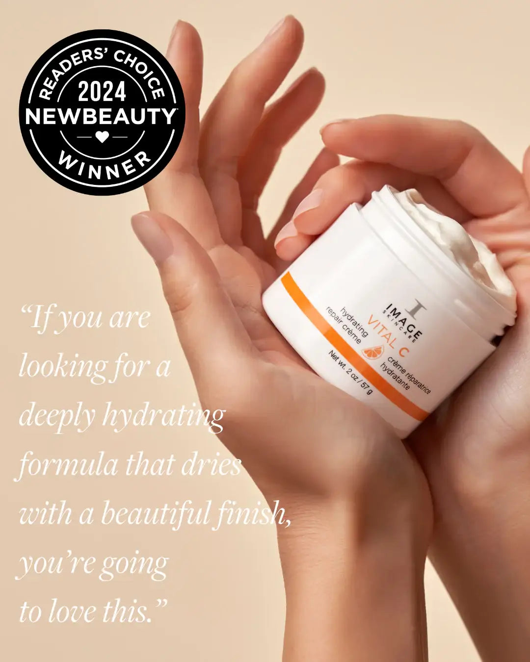 Hands holding Image Skincare Vital C hydrating repair creme jar with 2024 award badge, beige background.