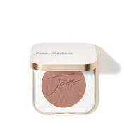 Pressed powder blush in a gold and white compact, warm rose shade, open view