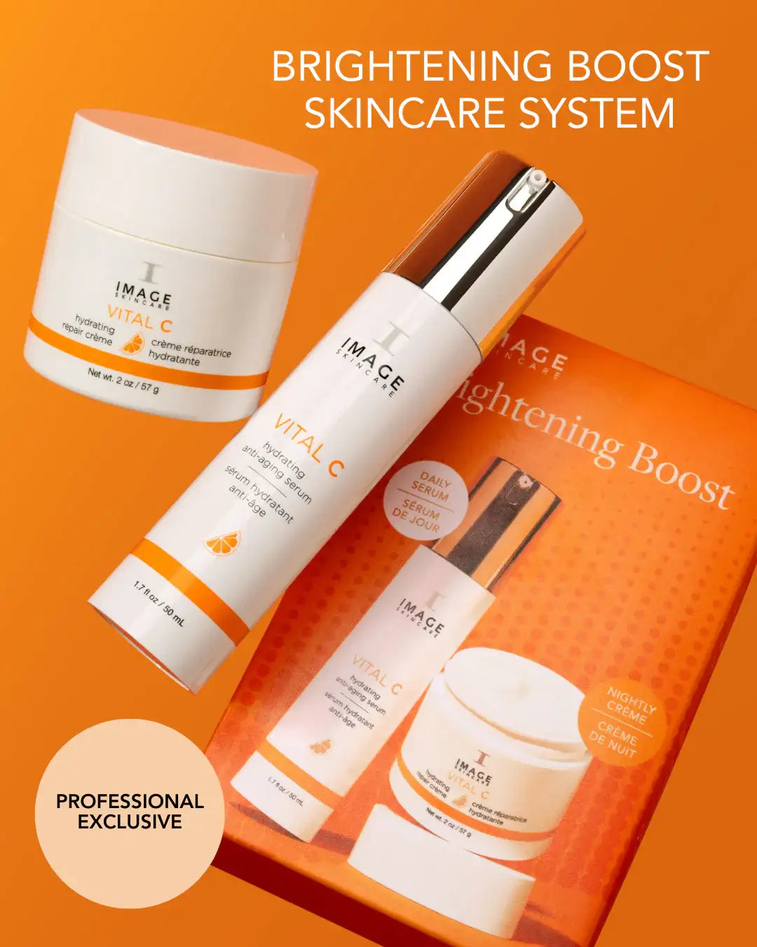 Brightening Boost skincare system with IMAGE Vital C hydrating serum and repair crème on orange background