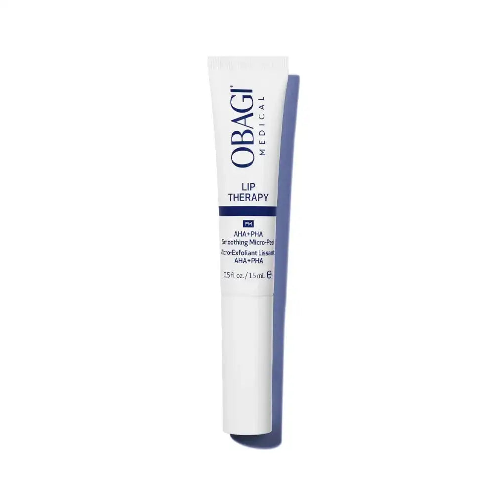 Tube of lip therapy treatment with AHA and PHA exfoliating formula on white background