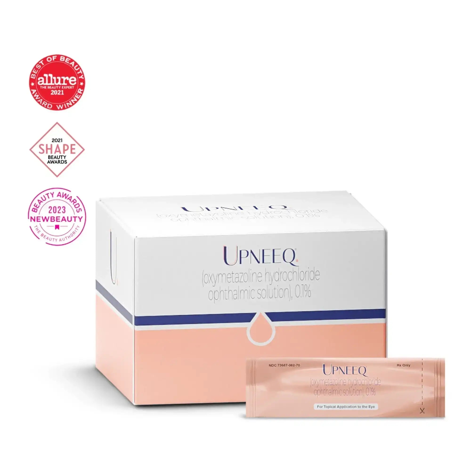 Upneeq eye drops box with individual packet and beauty award badges