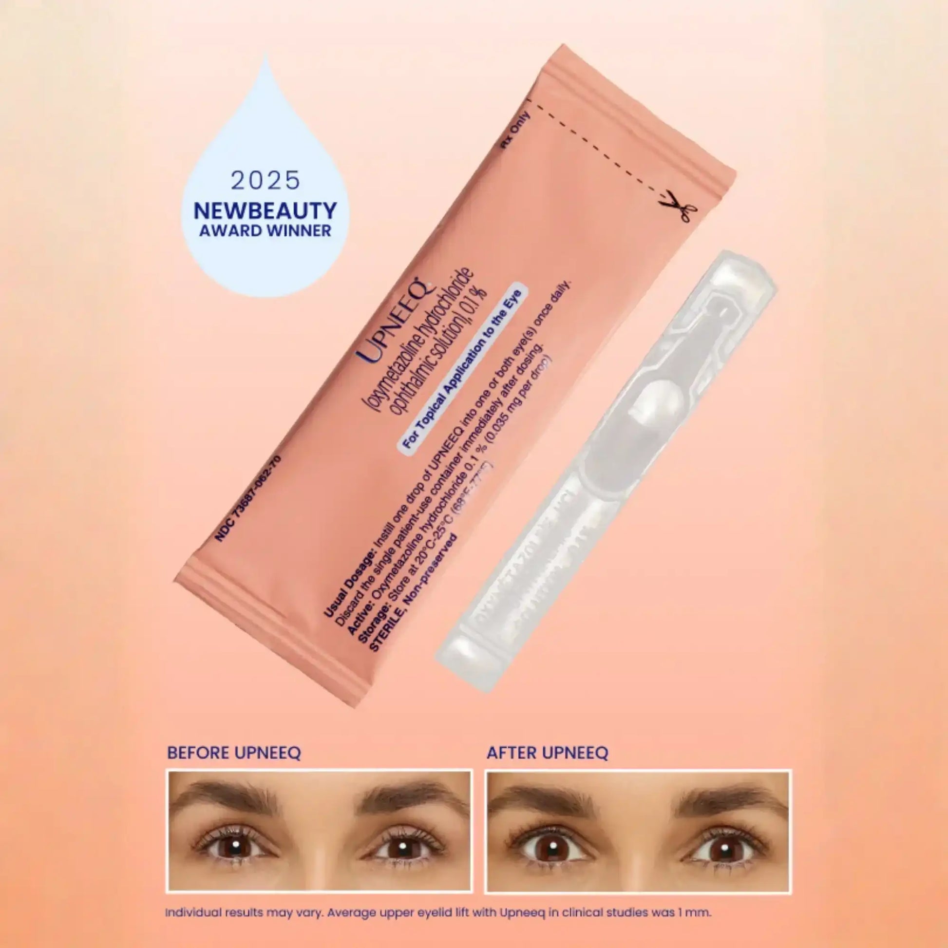 Upneeq eye drop packet and vial with before and after eyelid lift results, 2025 NewBeauty Award Winner