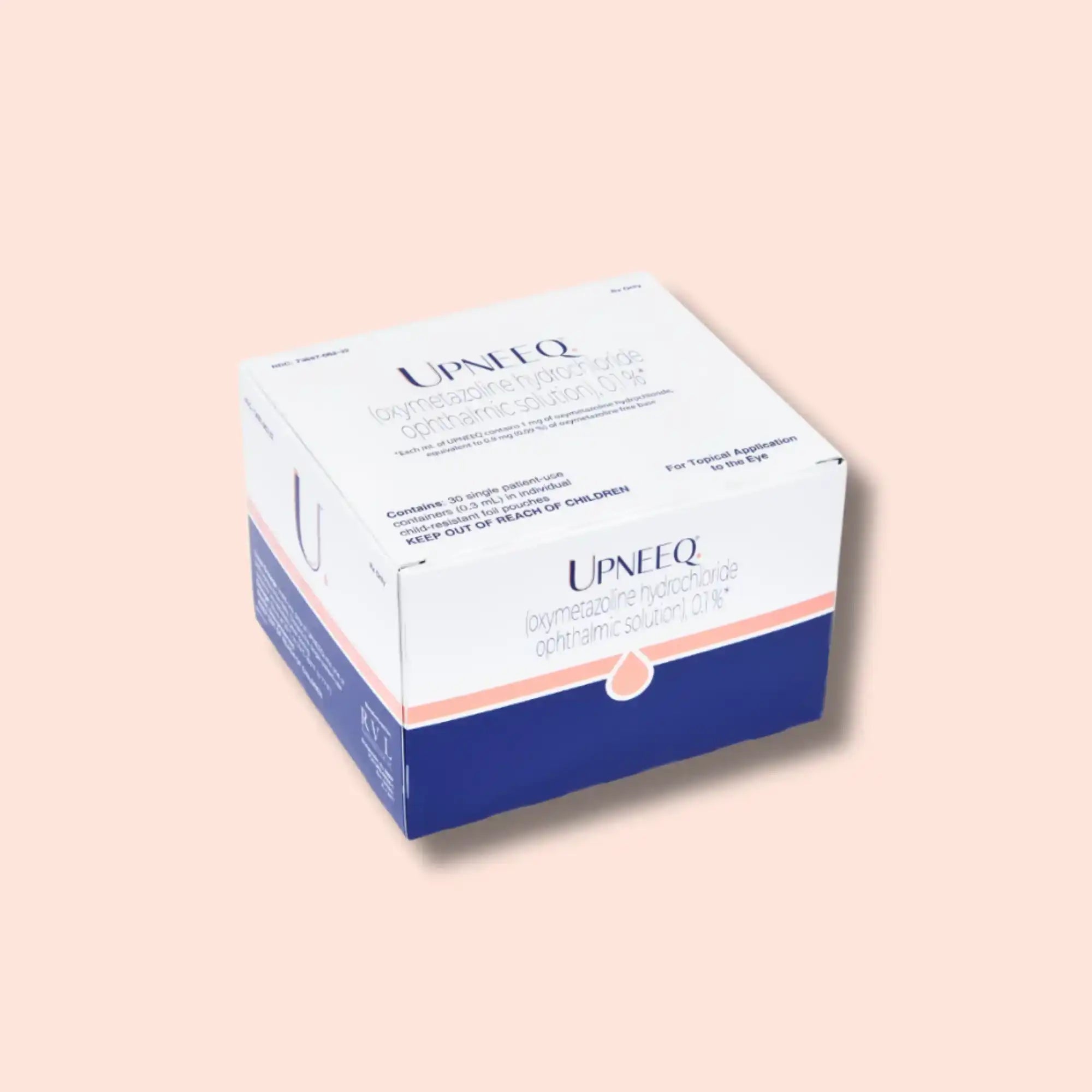 Upneeq oxymetazoline hydrochloride ophthalmic solution box on beige background