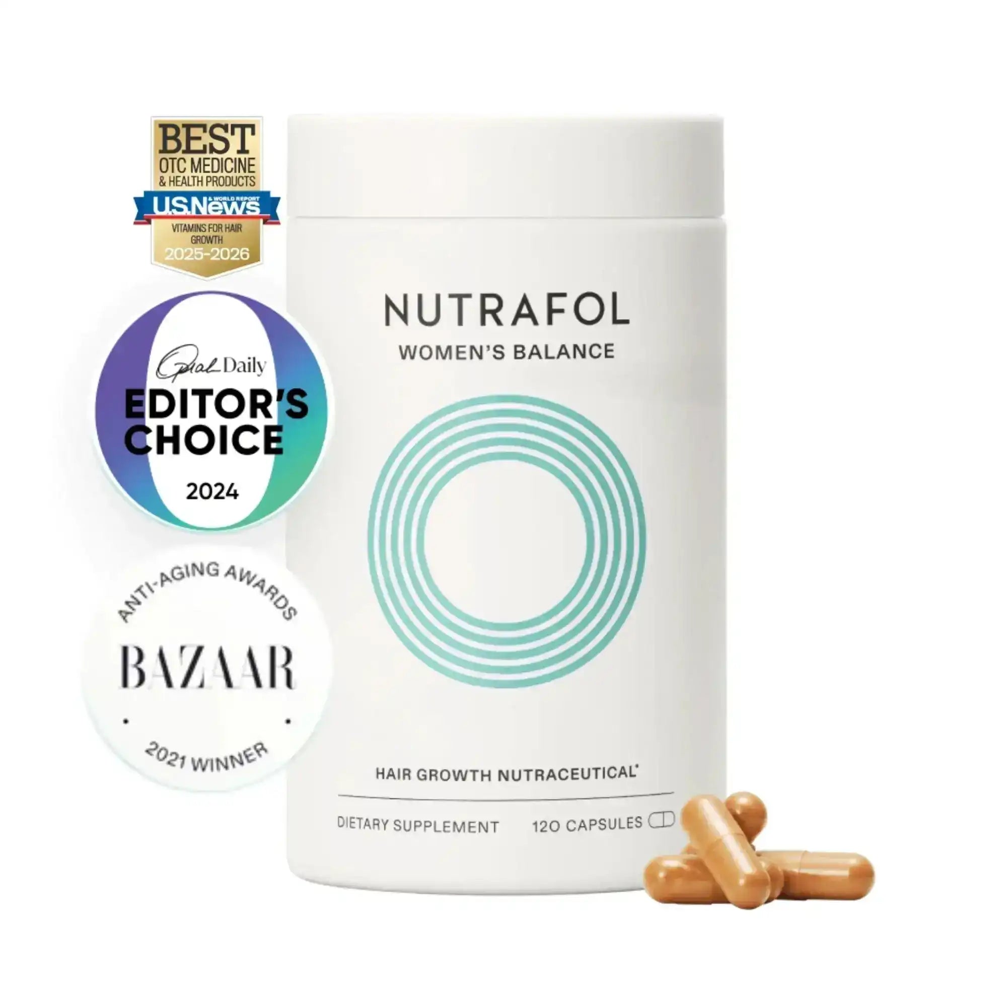 Nutrafol Women's Balance hair growth supplement bottle with capsules and award badges