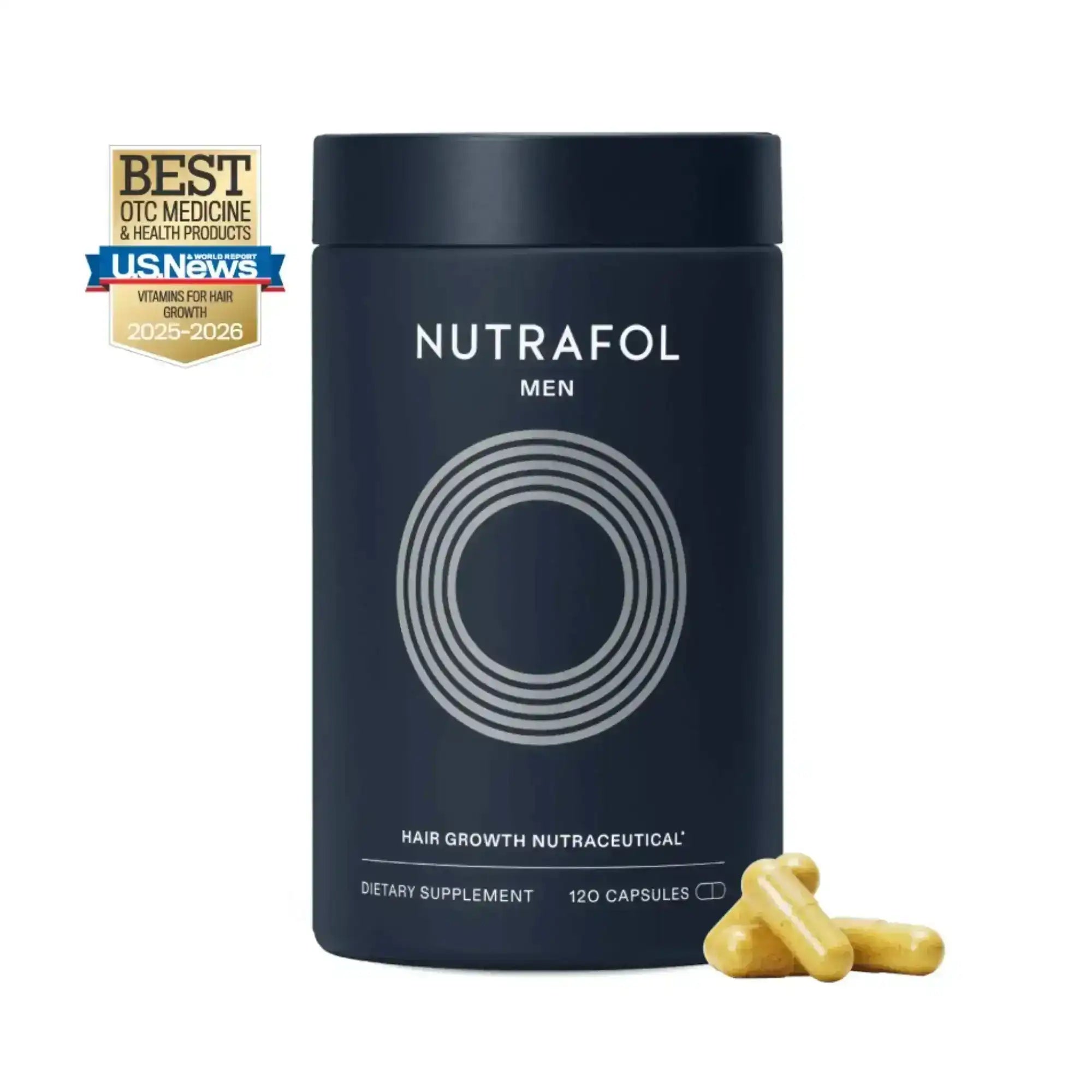 Nutrafol Men hair growth supplement bottle with capsules and award badge for best OTC product