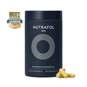 Nutrafol Men hair growth supplement bottle with capsules and award badge for best OTC product