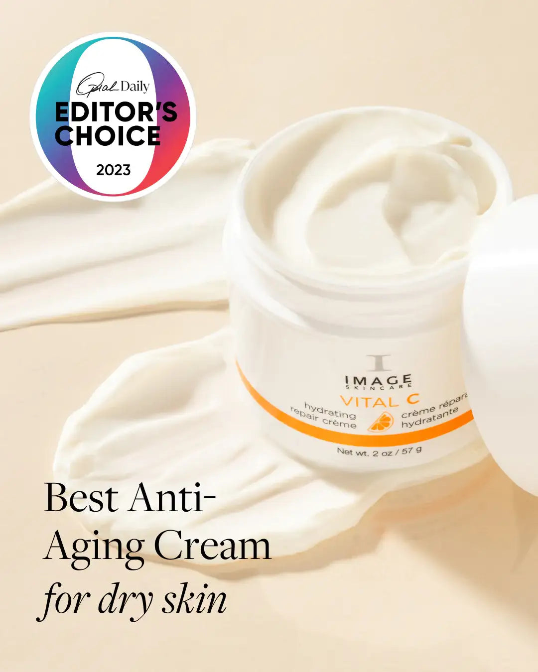IMAGE Skincare Vital C hydrating repair cream jar open with rich cream, Editor's Choice badge, best anti-aging cream for dry skin.