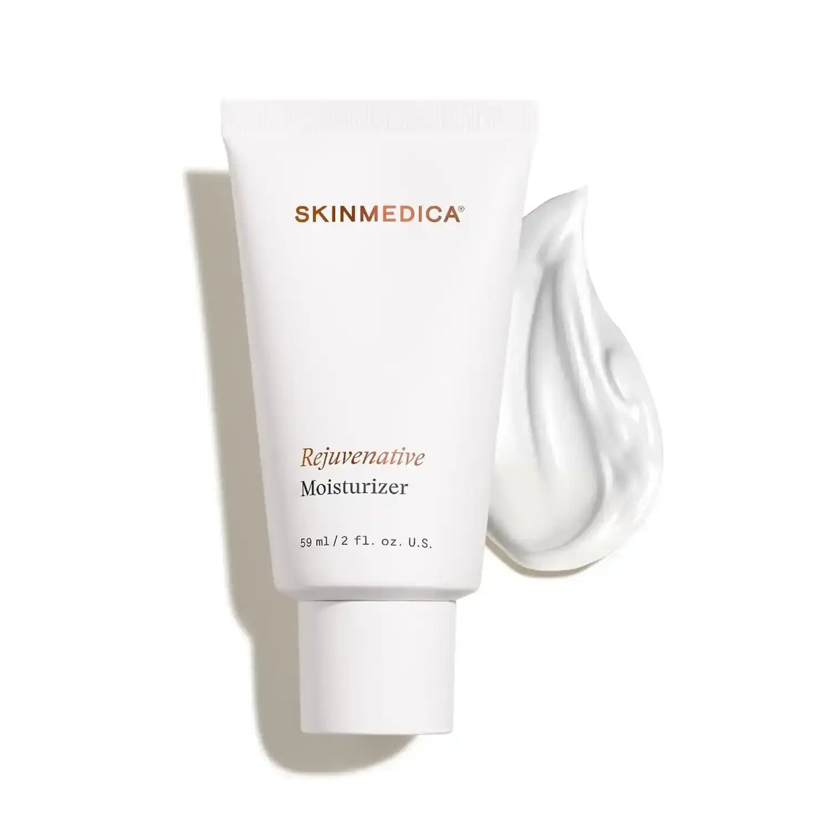 SkinMedica Rejuvenative Moisturizer tube with a swirl of white cream on a white background