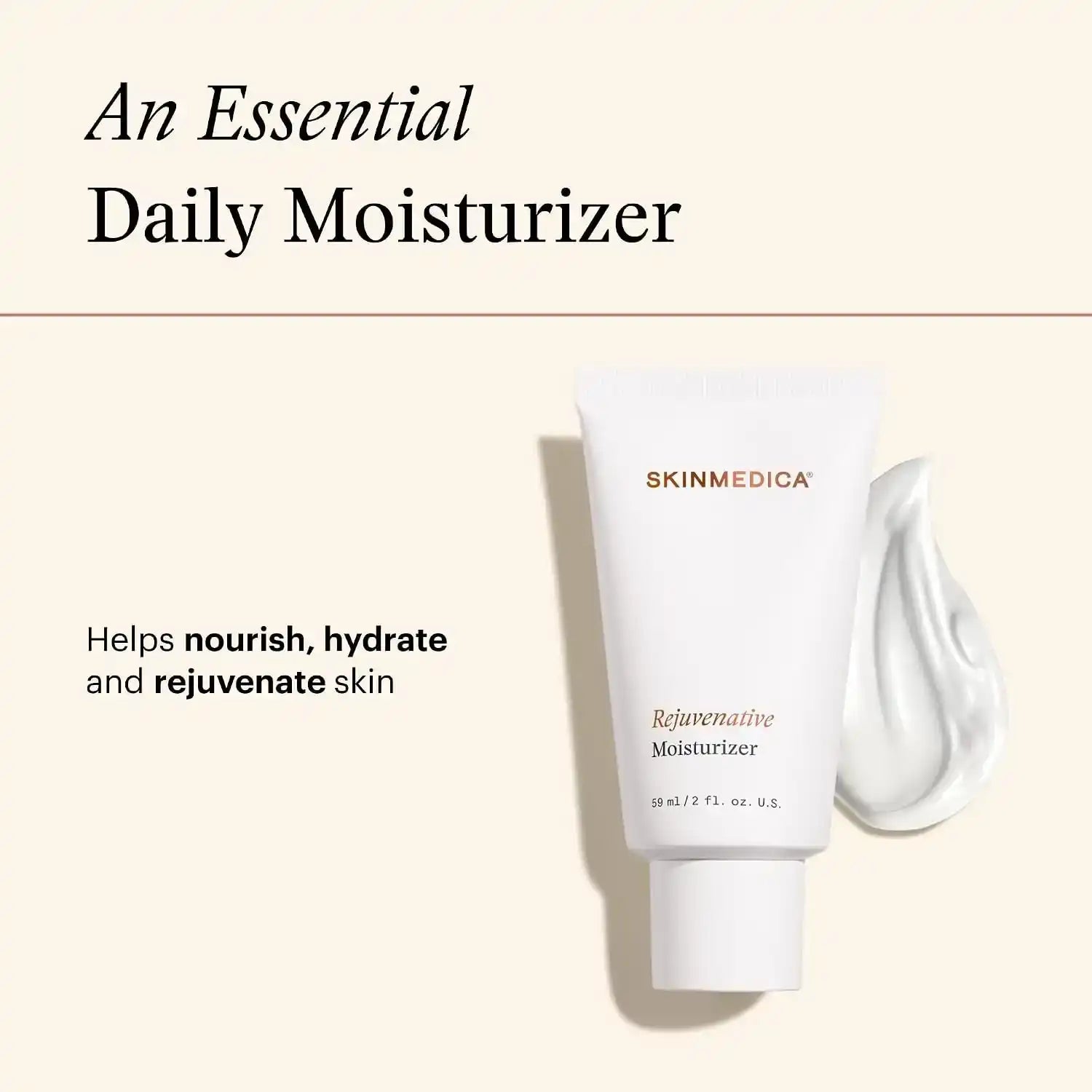 SkinMedica Rejuvenative Moisturizer tube with a cream swatch and text on a light background.