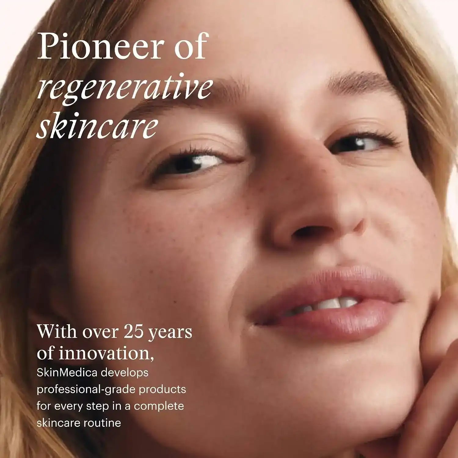 Close-up of a woman's glowing skin with text about SkinMedica regenerative skincare innovation.