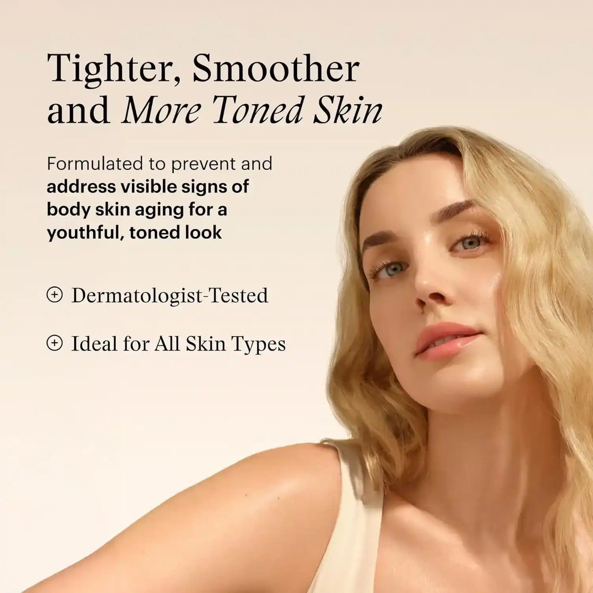 Woman with glowing skin promoting anti-aging body skin care for a tighter and smoother look.
