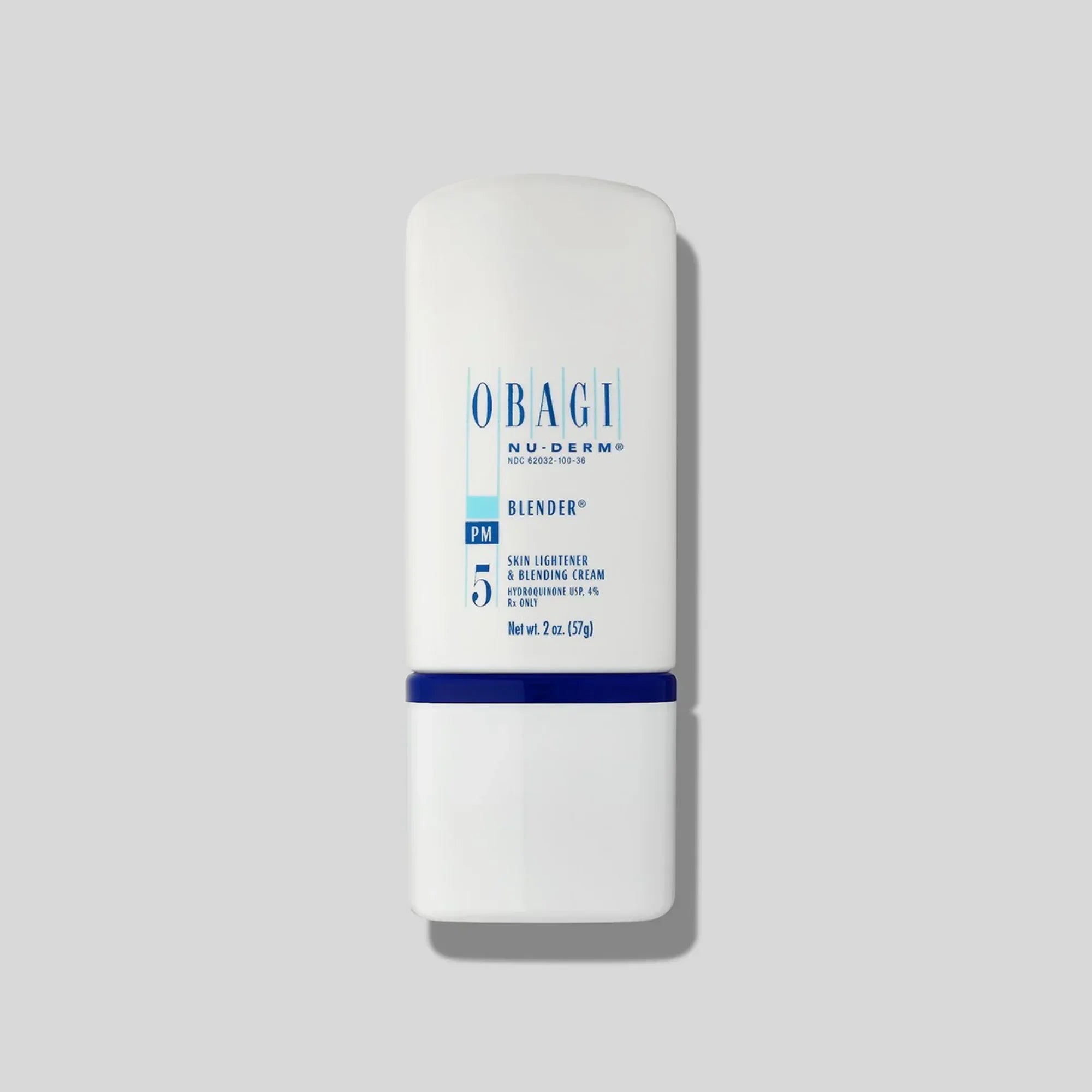 Obagi Nu-Derm Blender PM 5 skin lightener and blending cream 2 oz bottle on gray background