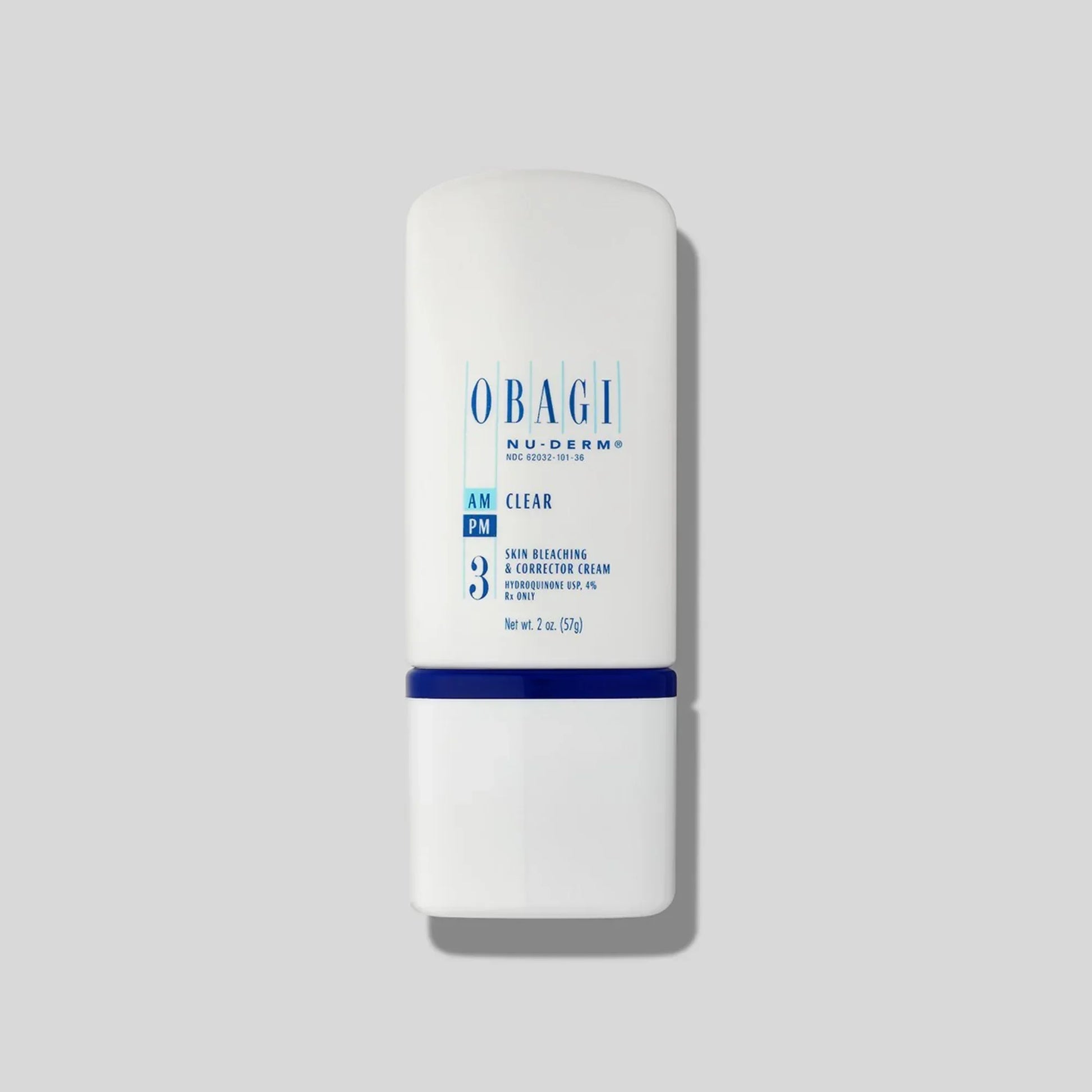 Obagi Nu-Derm Clear skin correcting cream bottle on a light gray background
