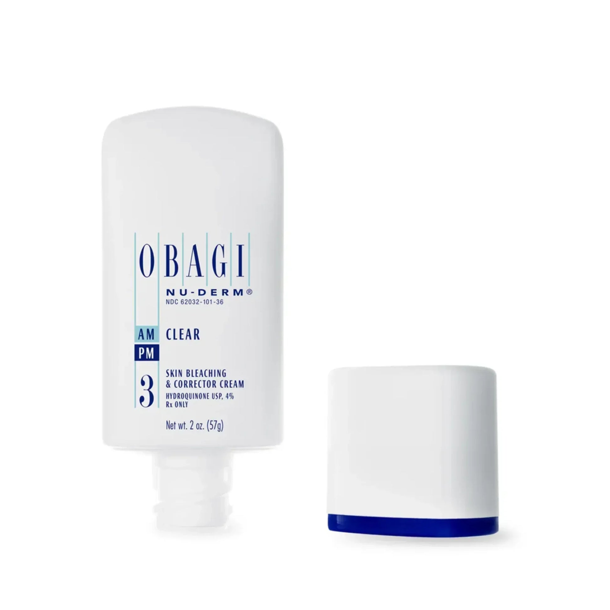 Obagi Nu-Derm Clear skin corrector cream bottle with cap, white background