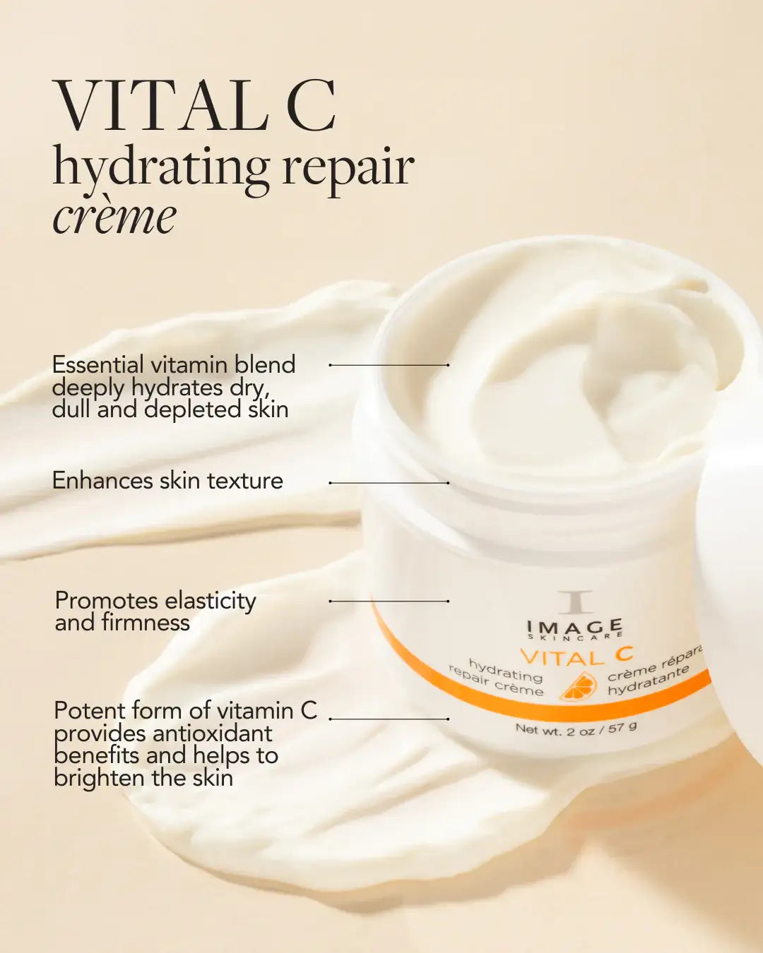 Open jar of hydrating repair crème with creamy texture, highlighting vitamin C skincare benefits