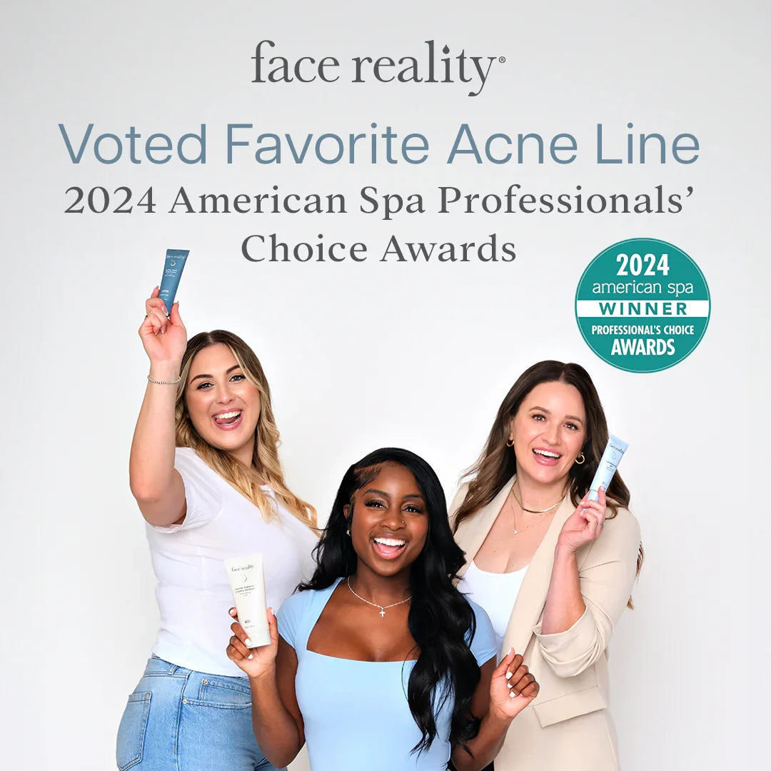 Three smiling women holding Face Reality skincare products with 2024 spa award graphics