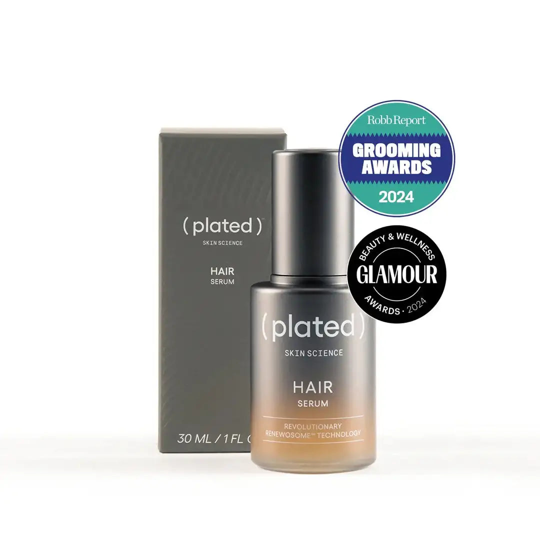 Plated Hair Serum 30ml with box, award badges, hair growth treatment