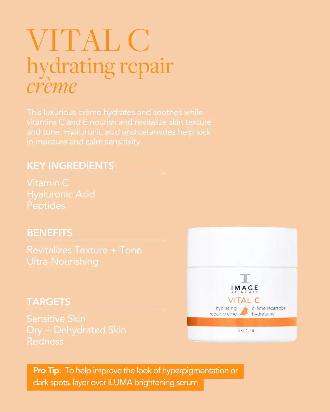 VITAL C hydrating repair crème jar with key benefits and ingredients for sensitive, dry skin