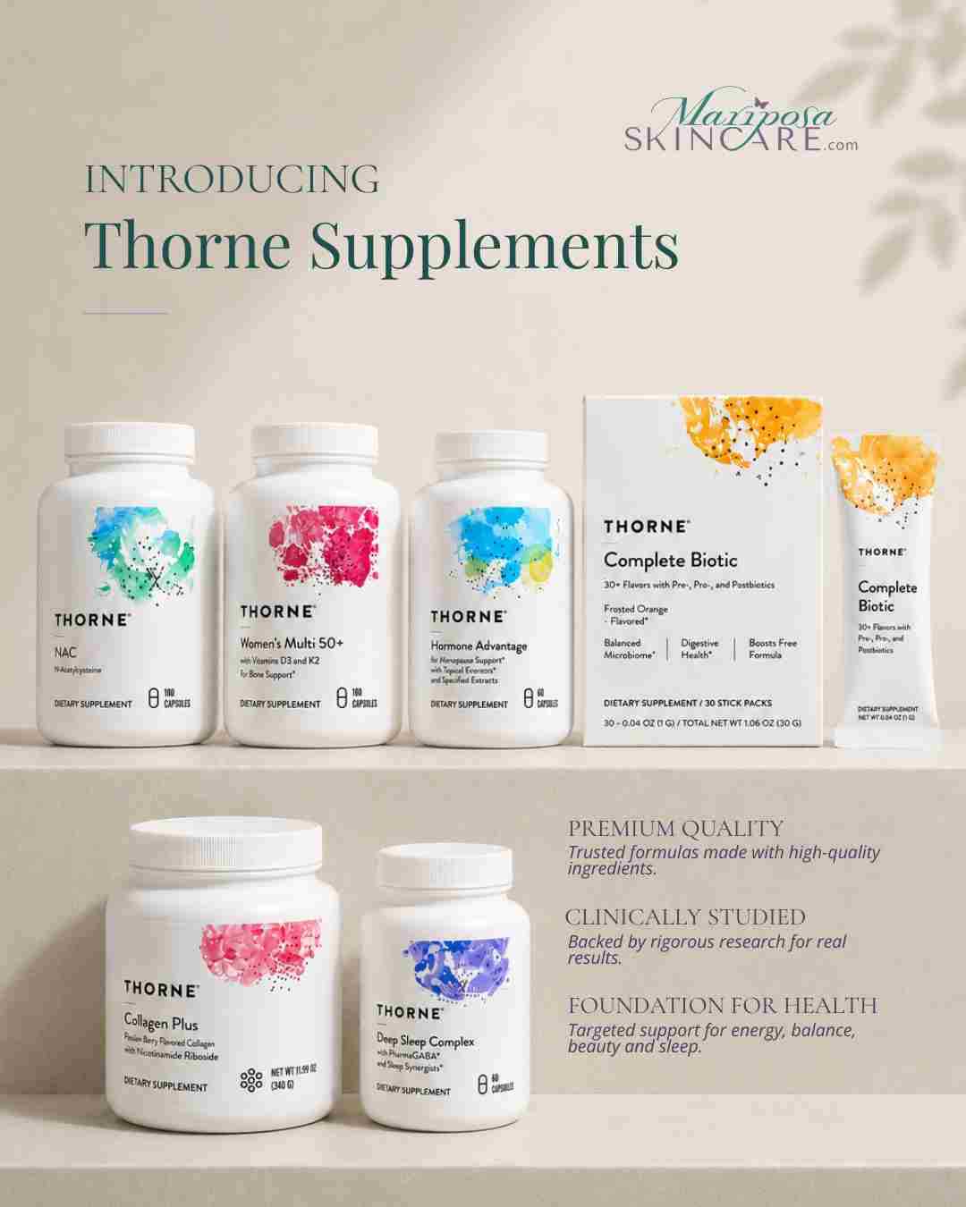 Assorted Thorne Supplements including NAC, Women's Multi, Hormone Advantage, and Collagen Plus.