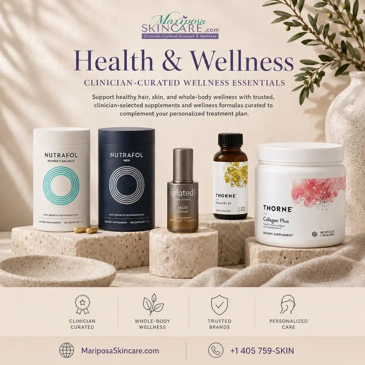 Nutrafol, Plated, and Thorne wellness supplements displayed on stone pedestals.