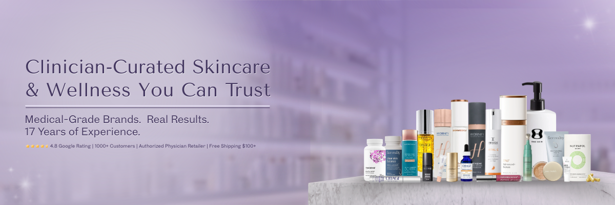 Assorted medical-grade skincare and wellness products displayed on a marble surface with purple background.