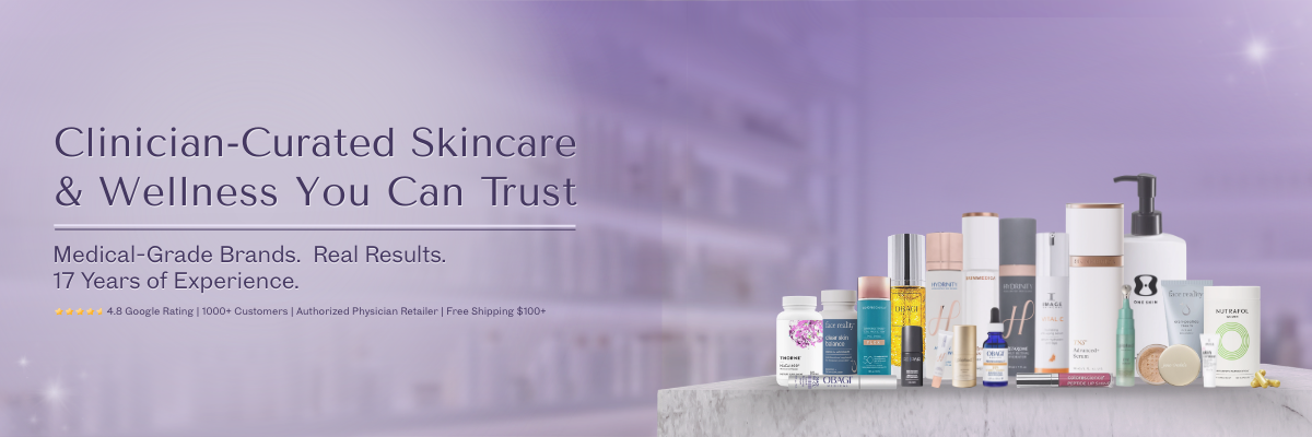 Assorted medical-grade skincare and wellness products with promotional text on a purple background
