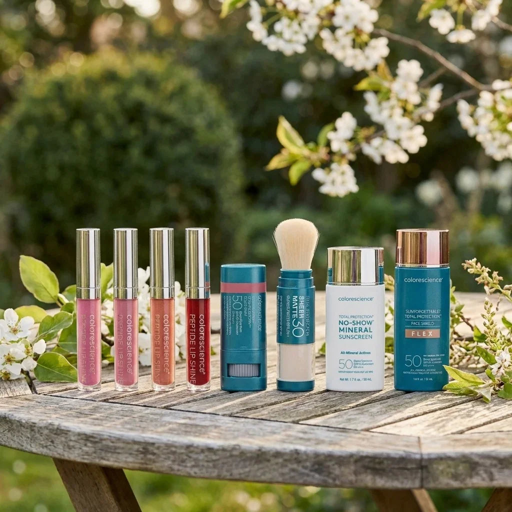 Selection of Colorescience skincare and sun protection products displayed on a wooden table outdoors
