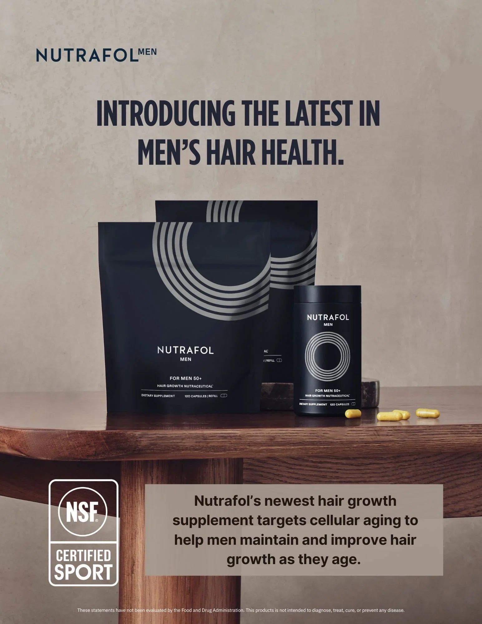 Nutrafol Men hair growth supplement packaging for men 50+ on table with capsules, hair health focus.